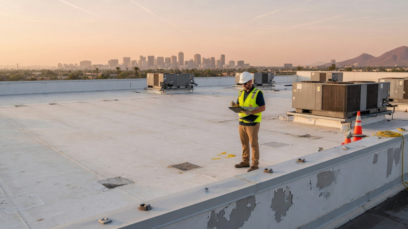 Commercial roofing contractor inspecting a Phoenix flat roof with rooftop HVAC units