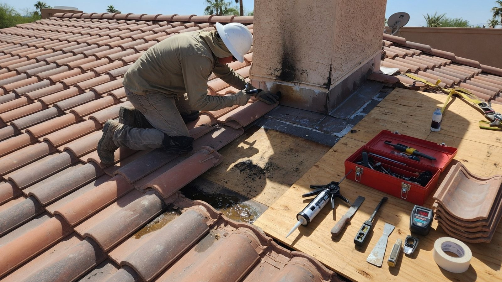Phoenix roof leak repair detail near tile and flashing