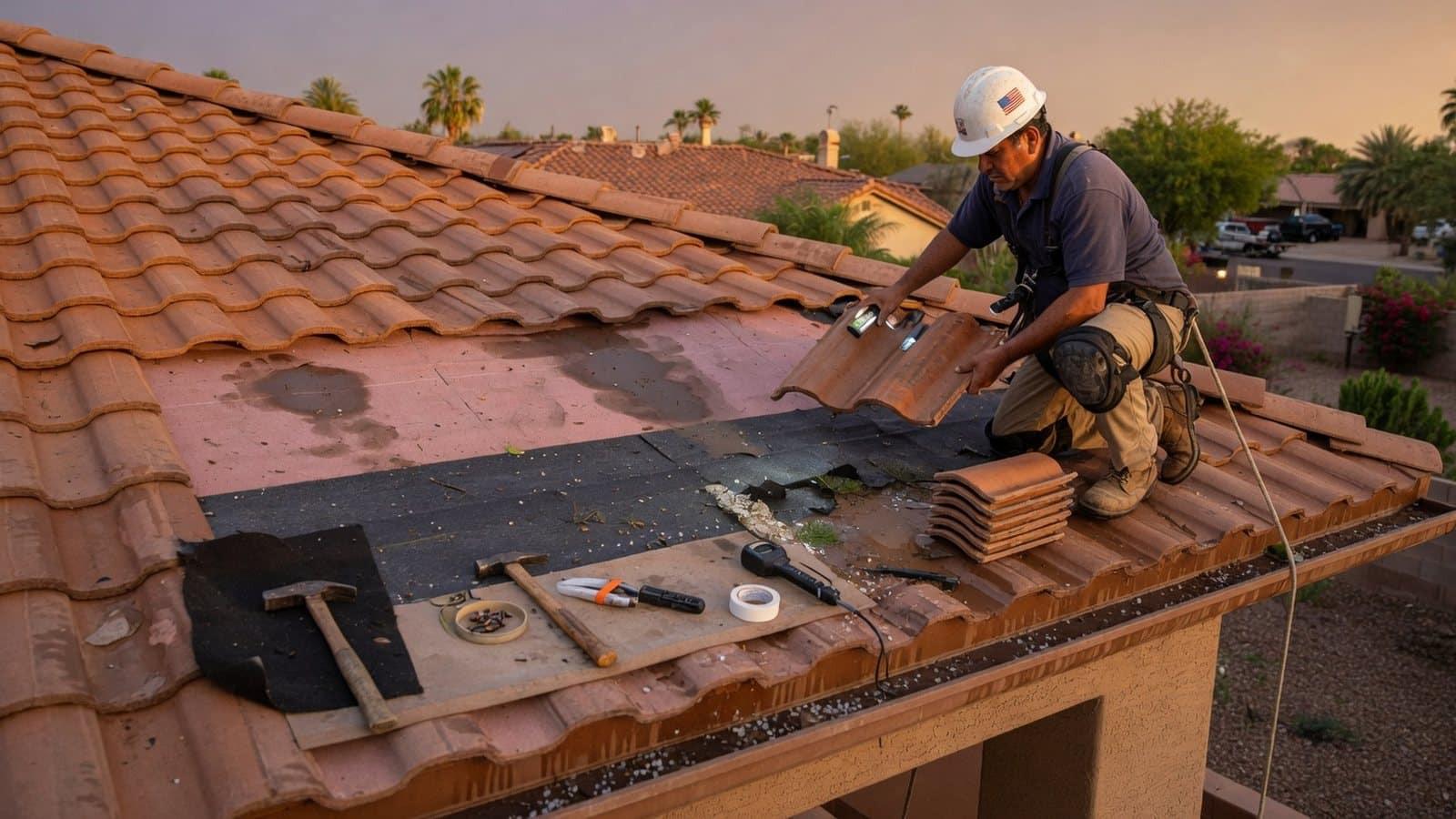 Phoenix roof repair technician inspecting tile roof damage