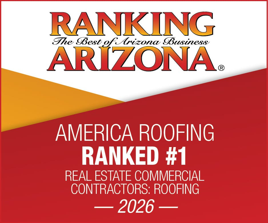 Ranking Arizona graphic naming America Roofing ranked number one in the 2026 Real Estate Commercial Contractors Roofing category