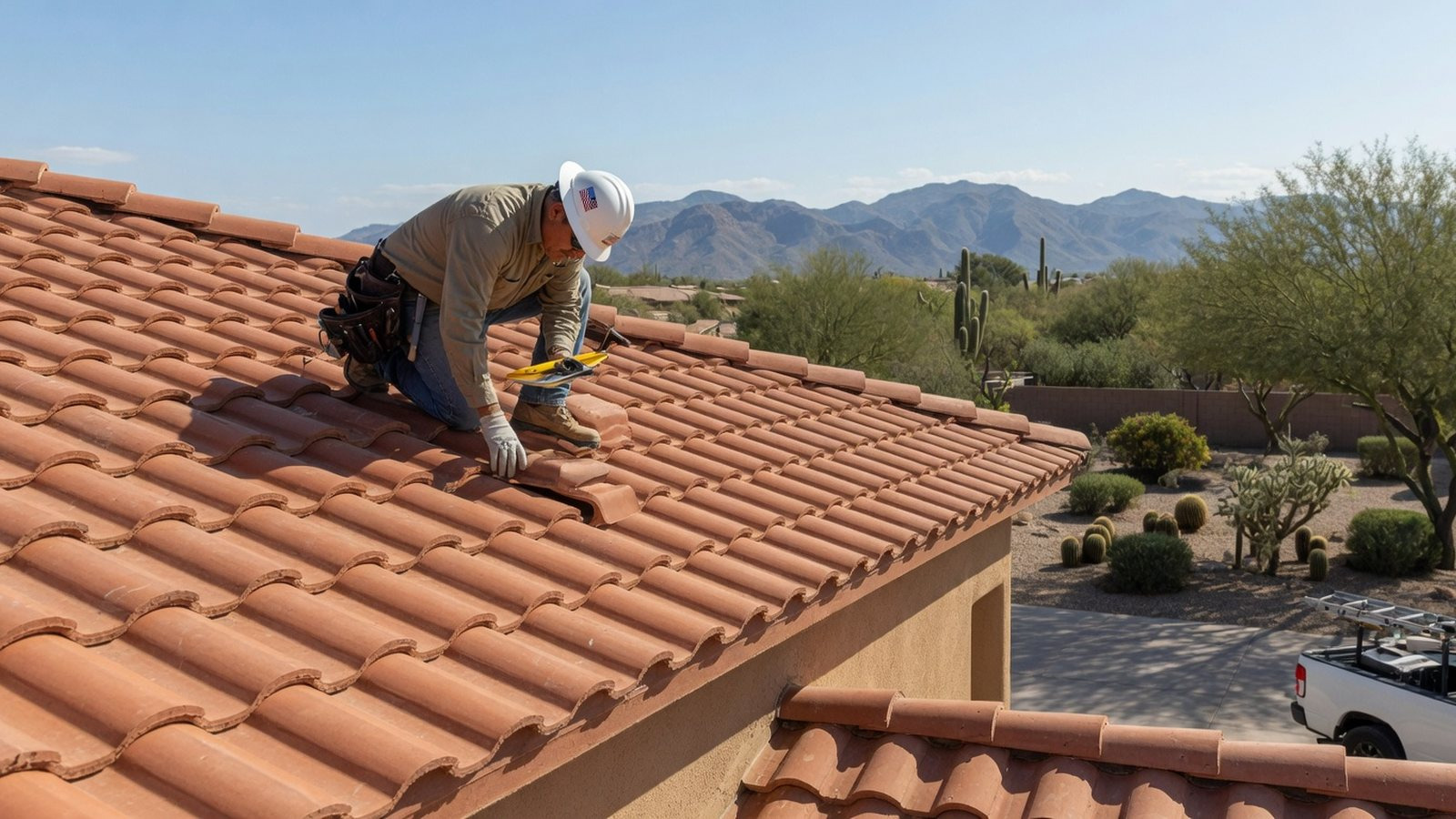 Tucson roofing contractor inspecting a residential tile roof