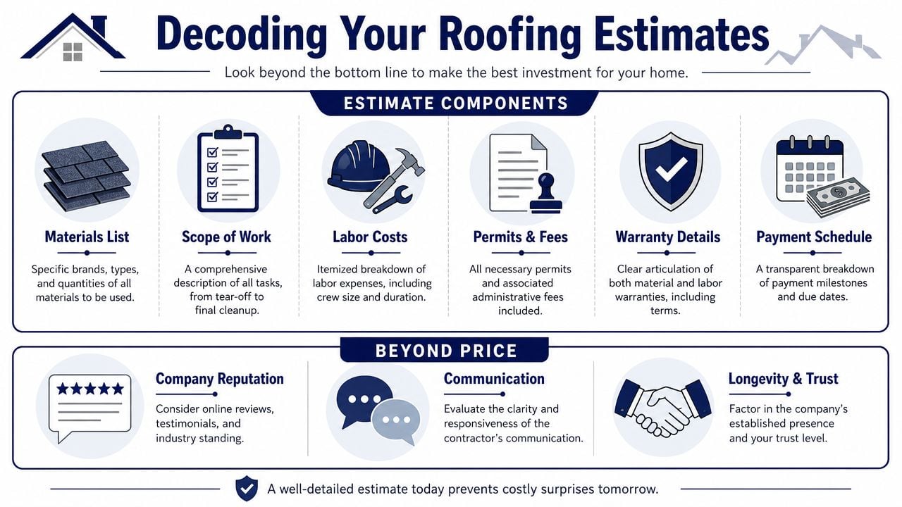 An infographic titled Decoding Your Roofing Estimates outlining key factors to evaluate when hiring roofing contractors.