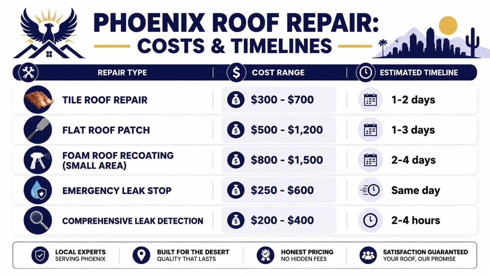 An infographic table by Phoenix Roof Repair detailing cost ranges and timelines for various roofing services.