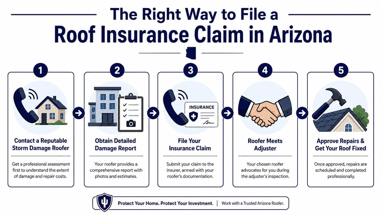 A five-step infographic illustrating the professional process for filing a roof insurance claim in Arizona after storm damage.