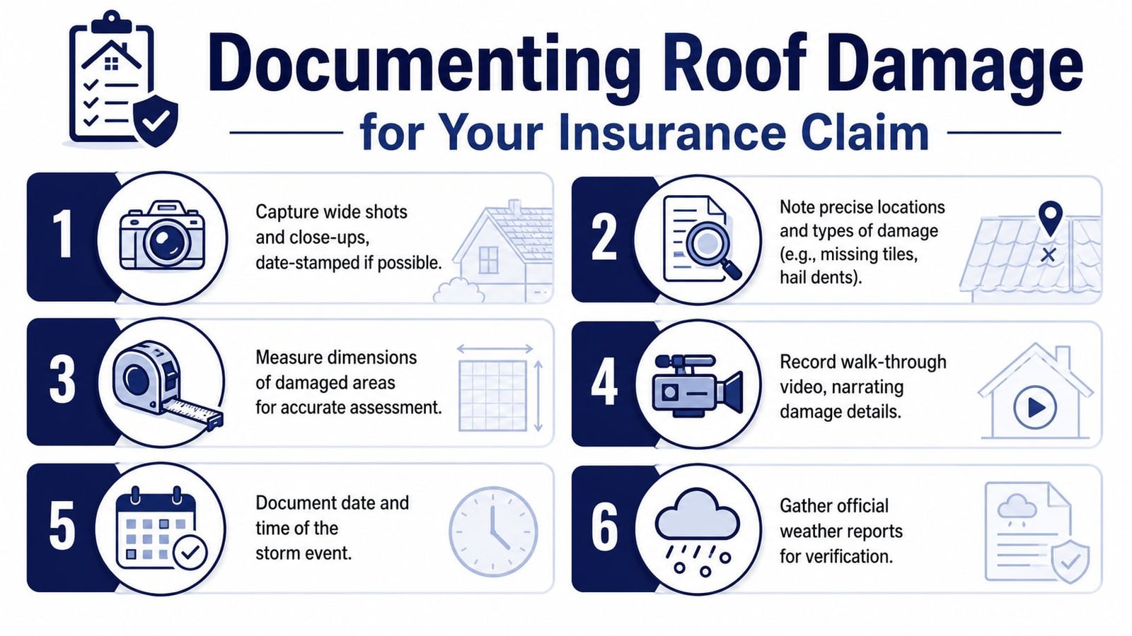 An infographic detailing six essential steps for documenting roof damage to support an insurance claim process.