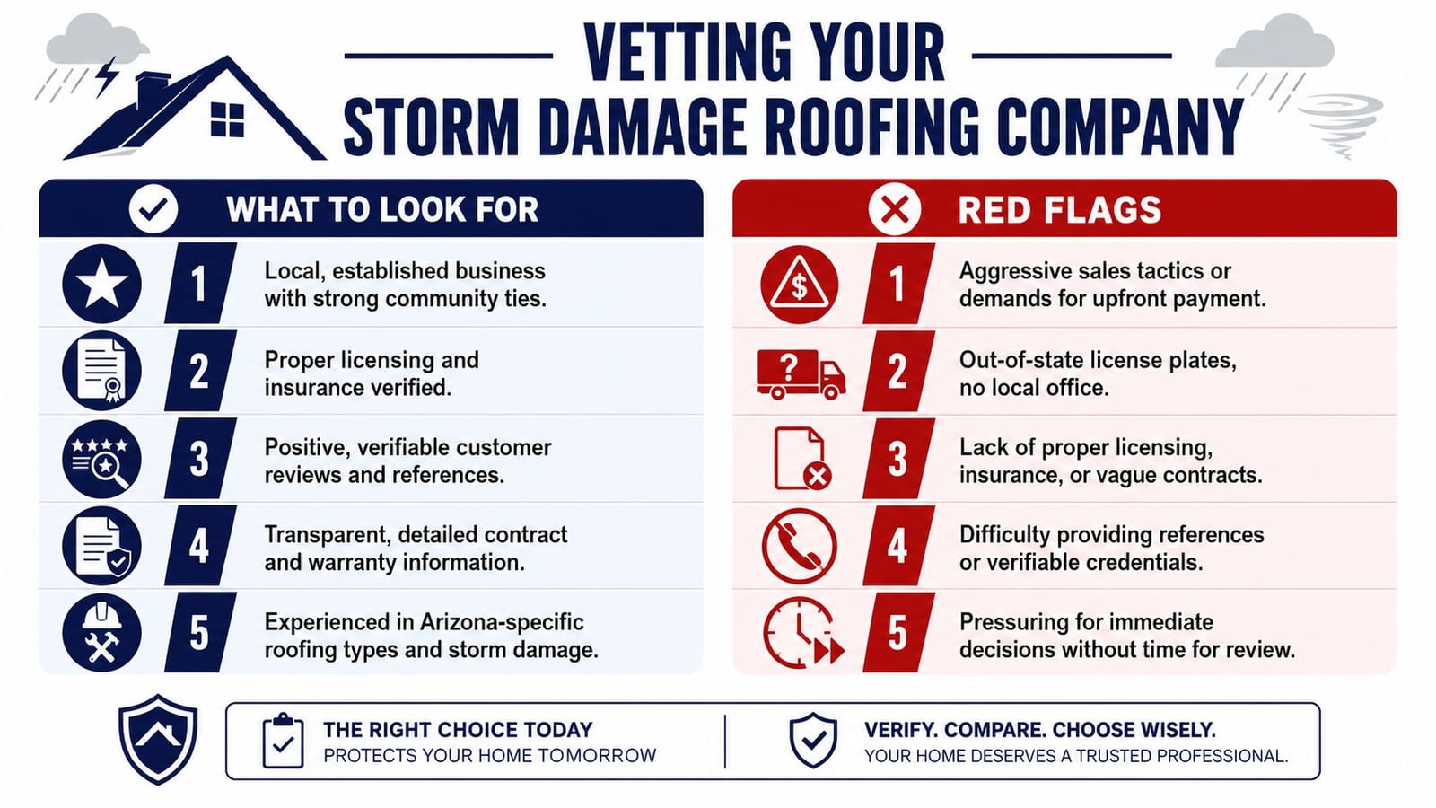 An infographic detailing how to vet a storm damage roofing company by listing what to look for and red flags.