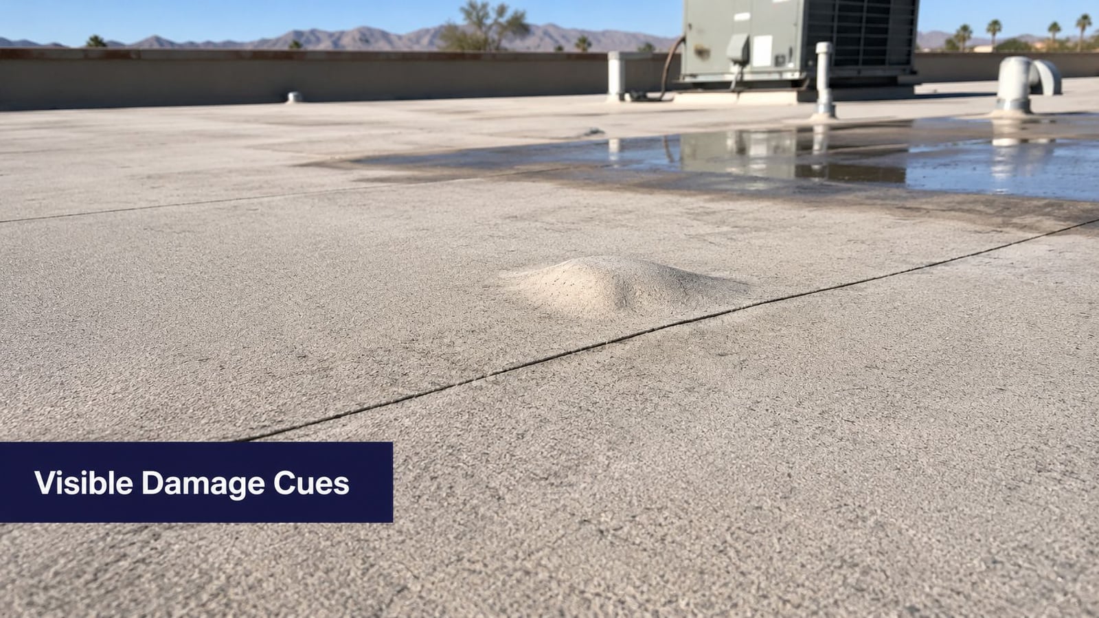 A commercial roof surface showing a significant blister or bubble in the roofing membrane material.