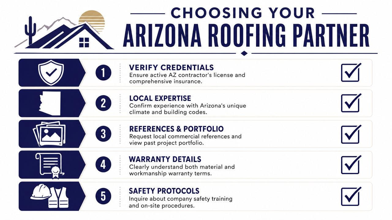 A five-step infographic showing how to select a reliable roofing partner for commercial projects in Arizona.