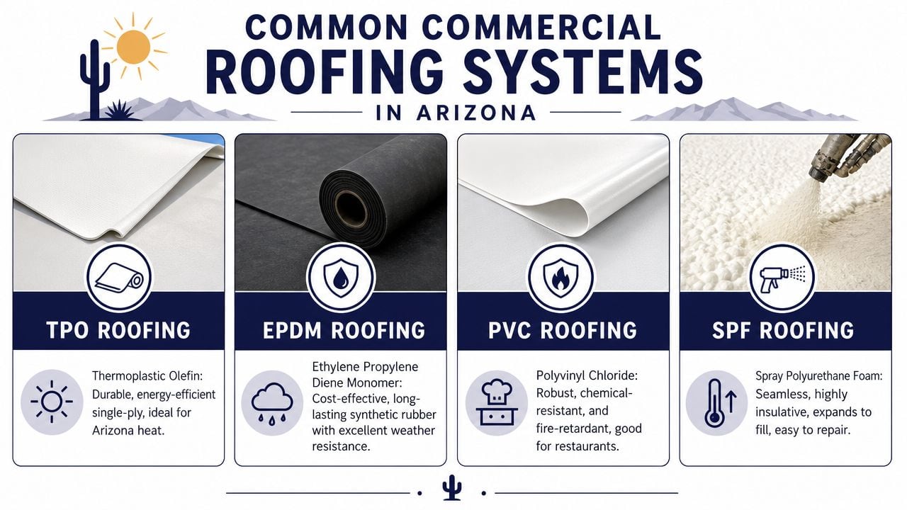 A visual guide showing four common types of commercial roofing systems used in Arizona climate.