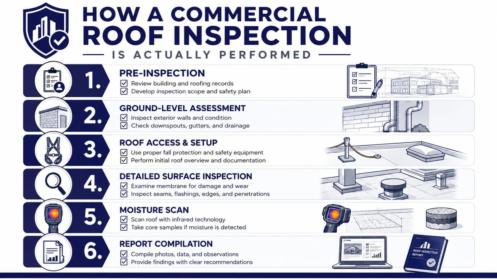A step-by-step infographic illustrating the six-part professional process of performing a commercial roof inspection.
