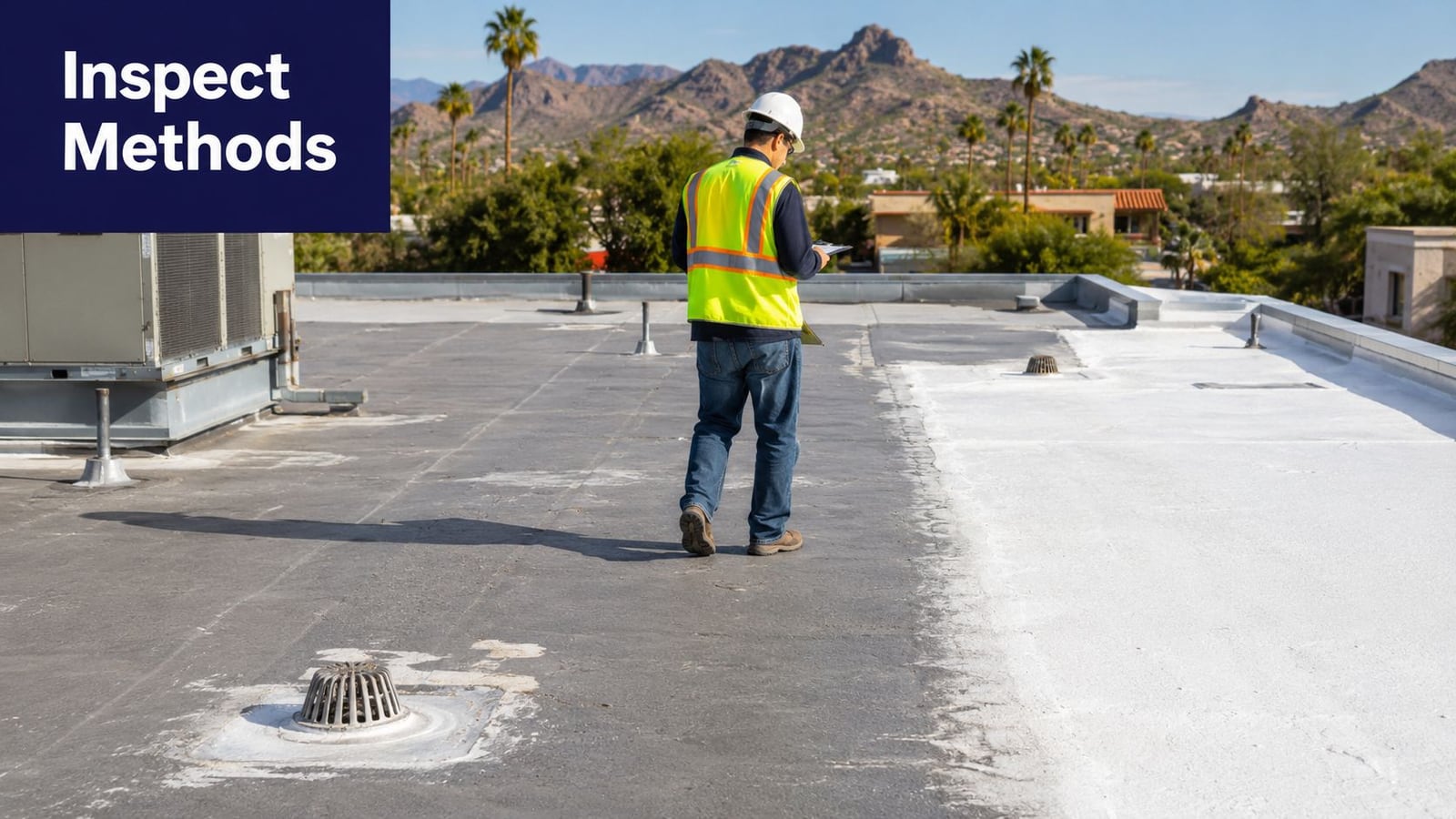 A professional inspector in a high-visibility vest examining a commercial flat roof with mountains in the background.