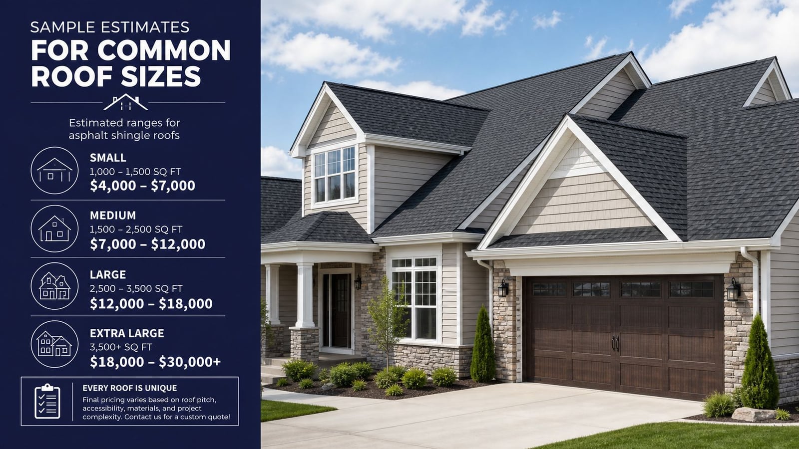 A house exterior with an asphalt shingle roof beside a chart displaying roof replacement cost estimates.