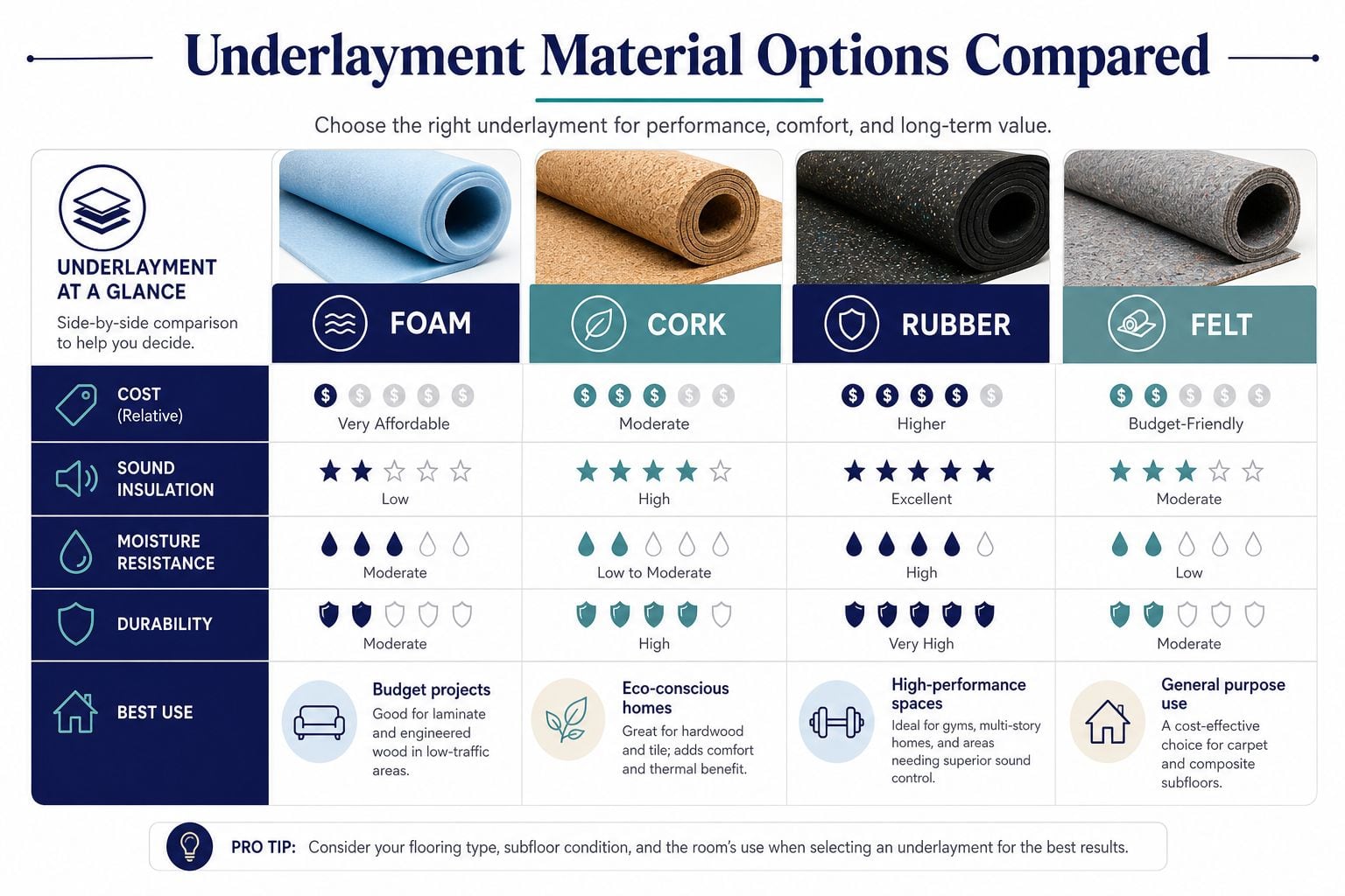 A comparison chart showing features like cost, sound insulation, and durability for foam, cork, rubber, and felt underlayment.
