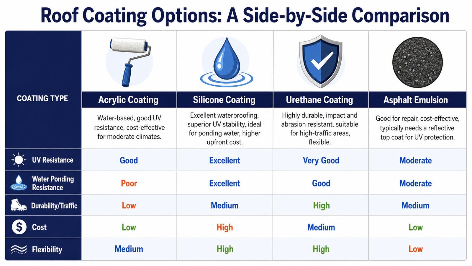 A comparison chart outlining the pros and cons of acrylic, silicone, urethane, and asphalt emulsion roof coatings.