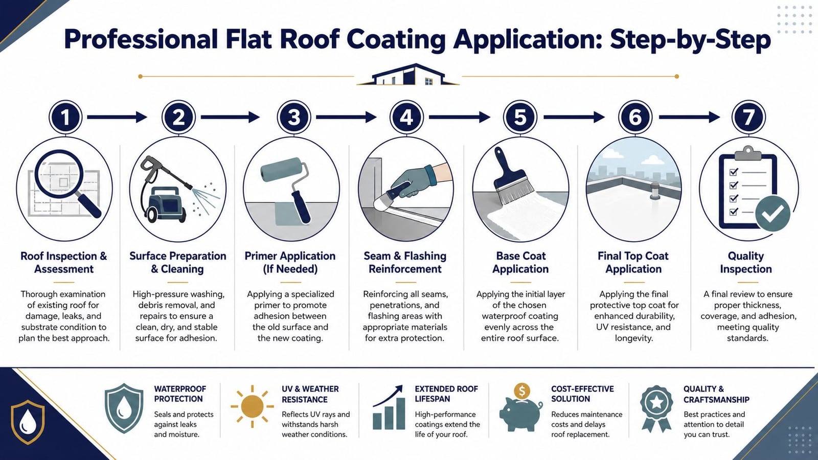 A professional step-by-step infographic showing the seven stages of flat roof waterproof coating application process.
