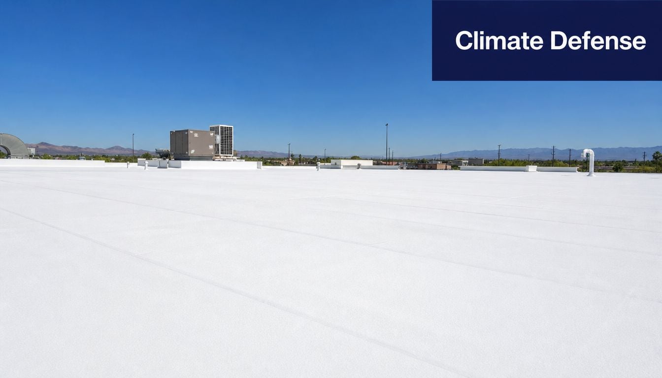 A wide angle view of a pristine white flat roof on a sunny day with clear skies.