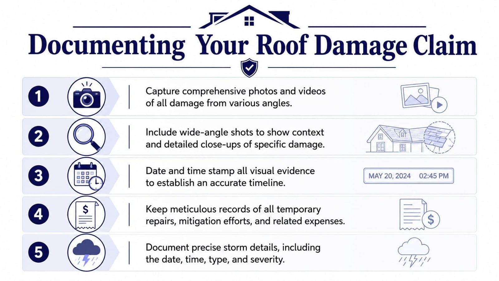 An infographic titled Documenting Your Roof Damage Claim showing five numbered steps for insurance documentation.