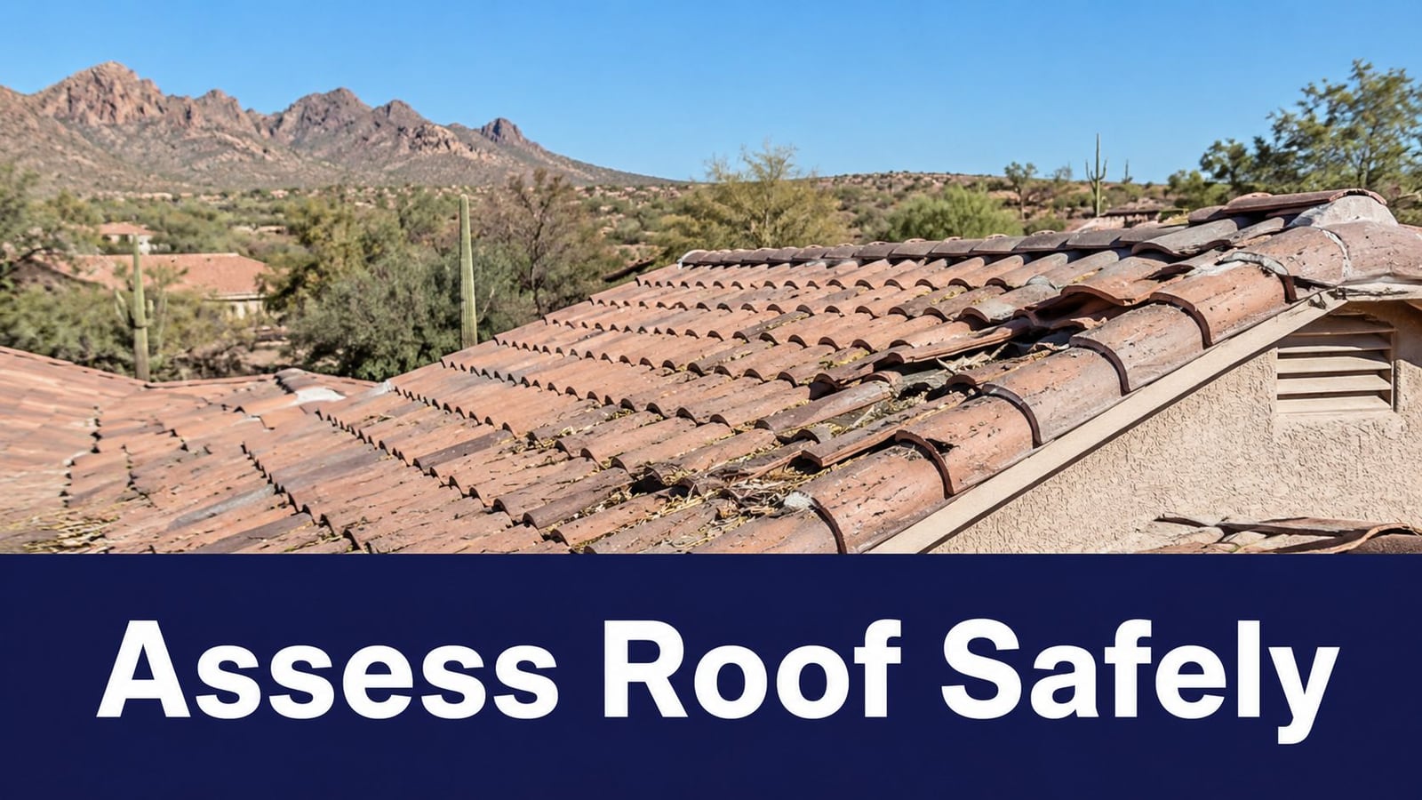 A tiled residential roof showing signs of visible damage and debris in a desert landscape setting.