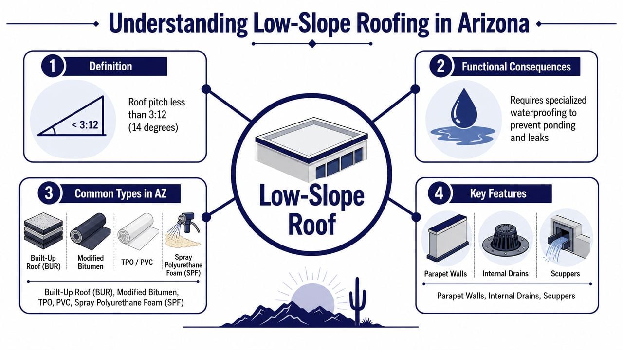 An infographic explaining the definition, functional requirements, types, and key features of low slope roofing in Arizona.