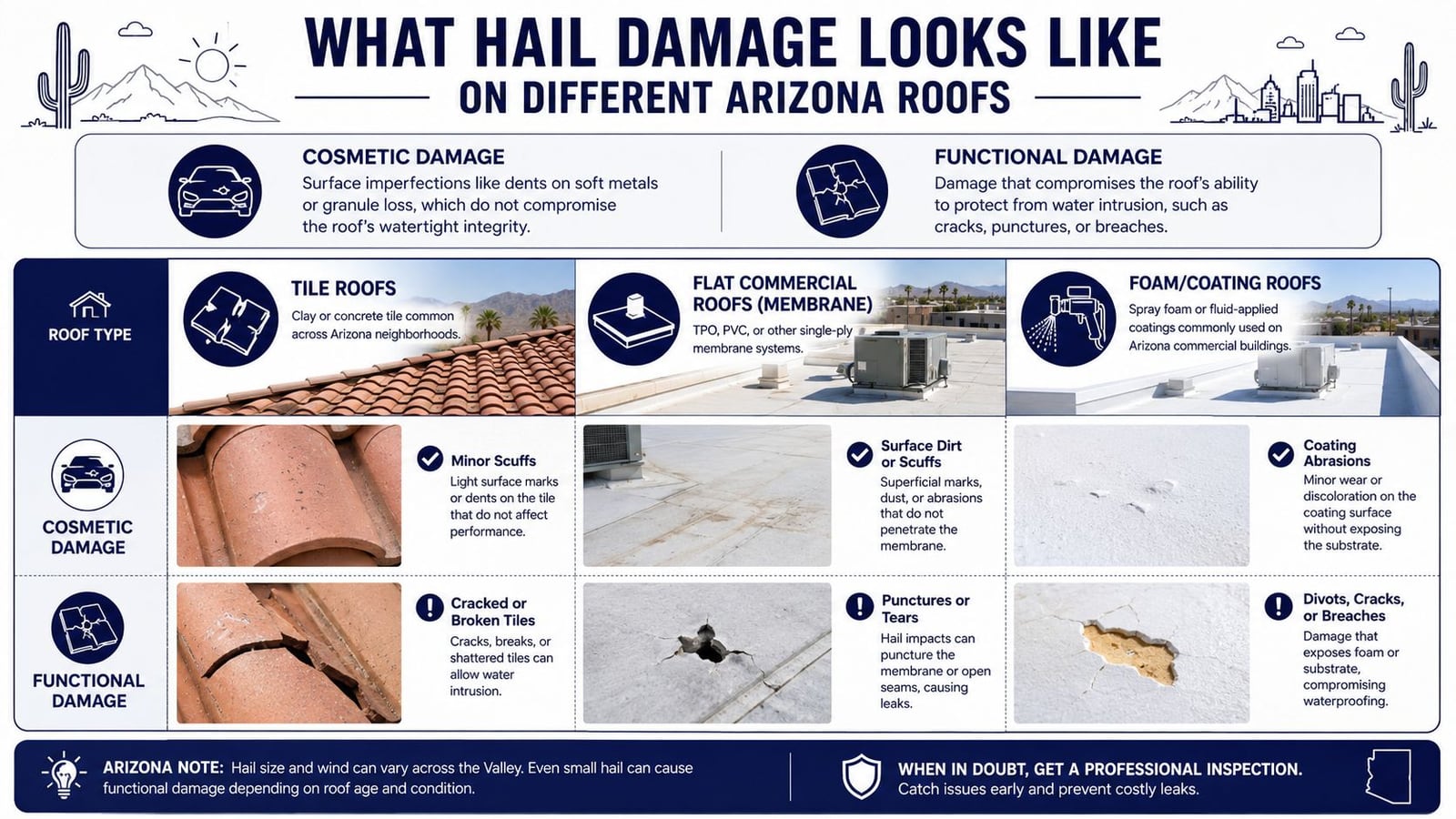 A detailed infographic showing examples of cosmetic and functional hail damage on different types of Arizona roofs.