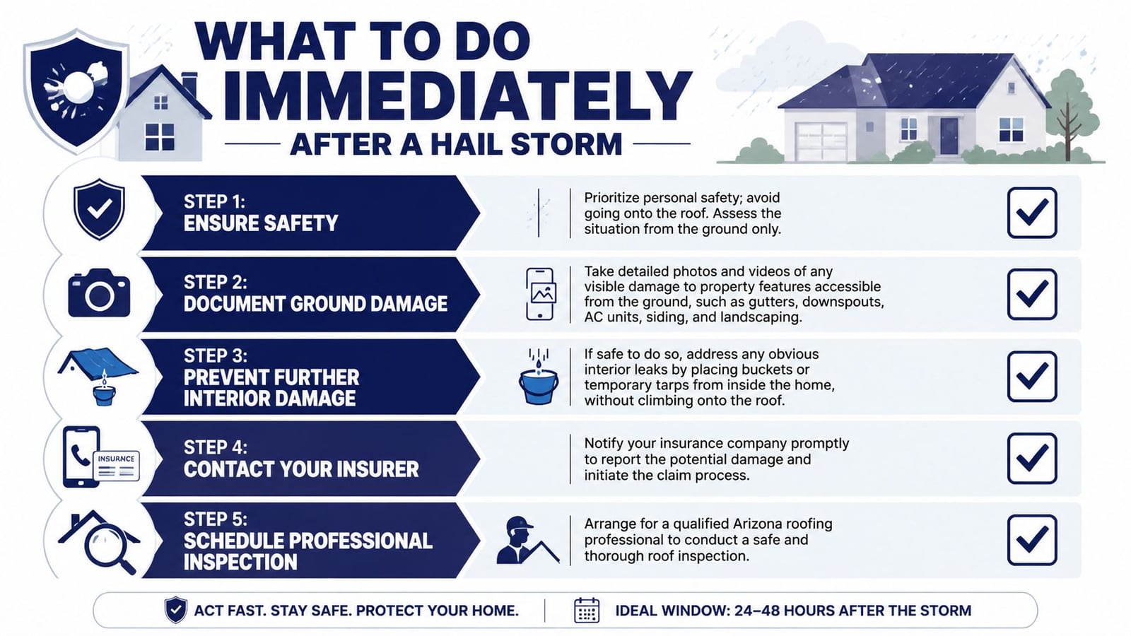 An infographic showing five safety steps to take immediately after a hail storm to protect your home.