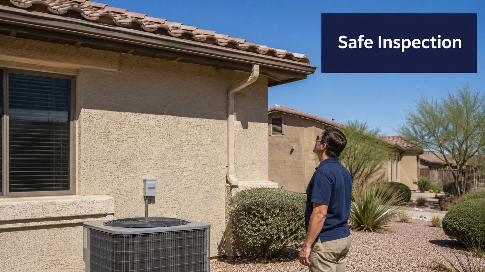 A professional inspector examines the exterior of a residential home to check for potential roof damage.