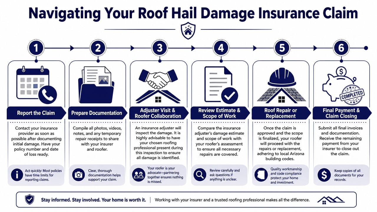 A six-step infographic guide detailing the process for filing a roof hail damage insurance claim.