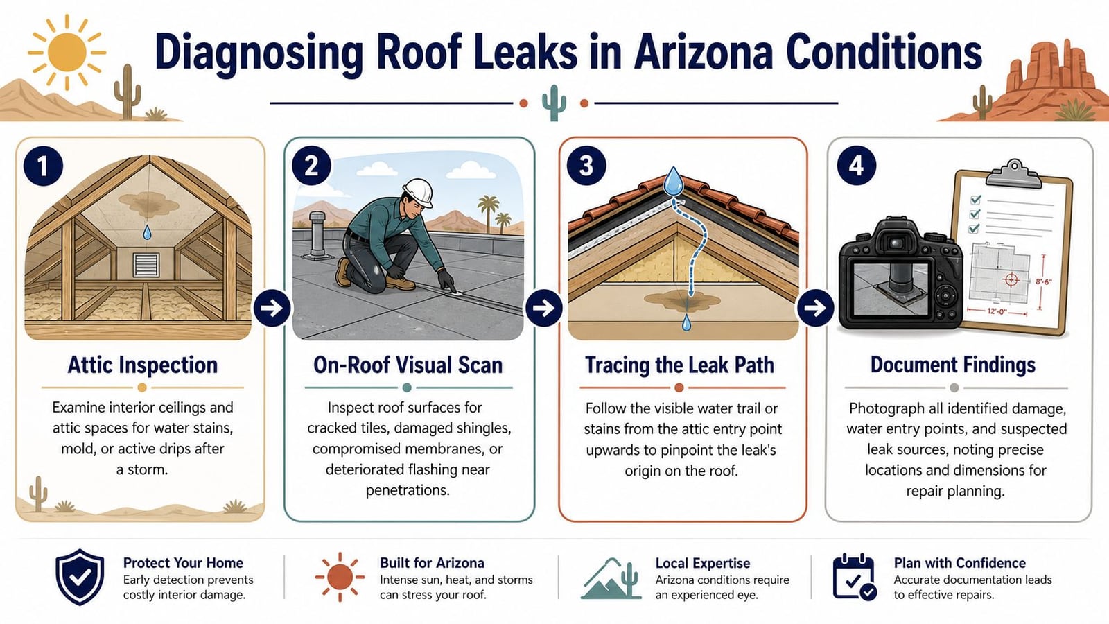 An infographic showing four steps to diagnose and document roof leaks in Arizona environmental conditions.