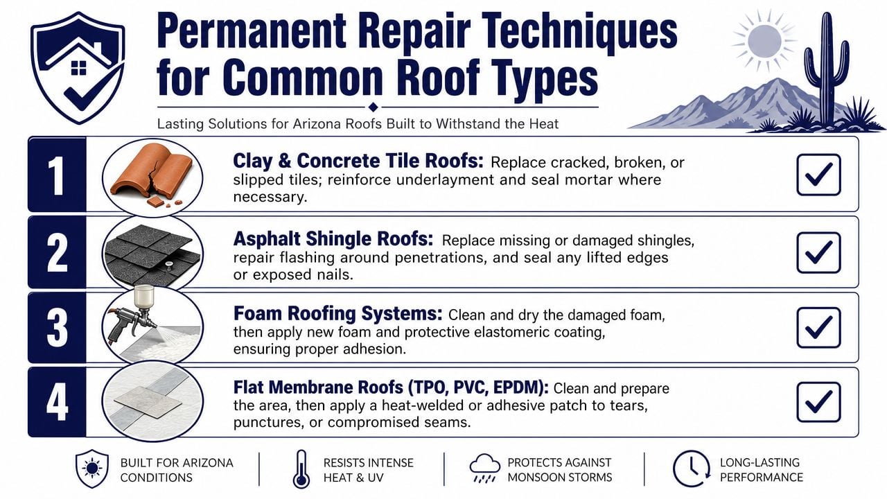 A professional infographic detailing permanent repair techniques for clay, asphalt, foam, and flat membrane roof types.