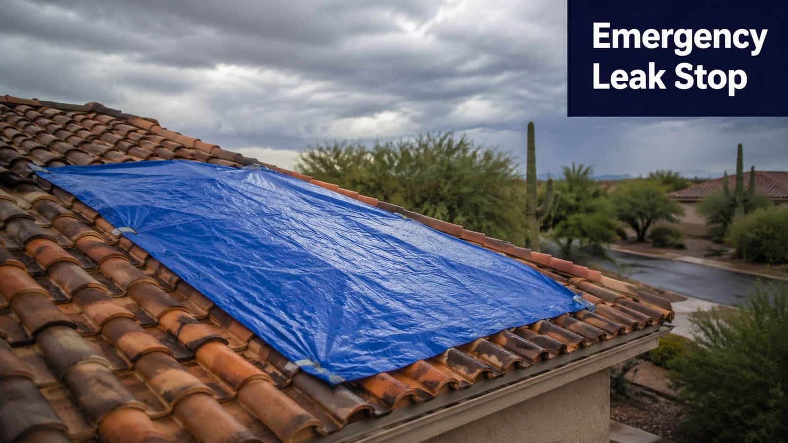 A blue plastic tarp secured over clay roof tiles to temporarily fix a residential roof leak.