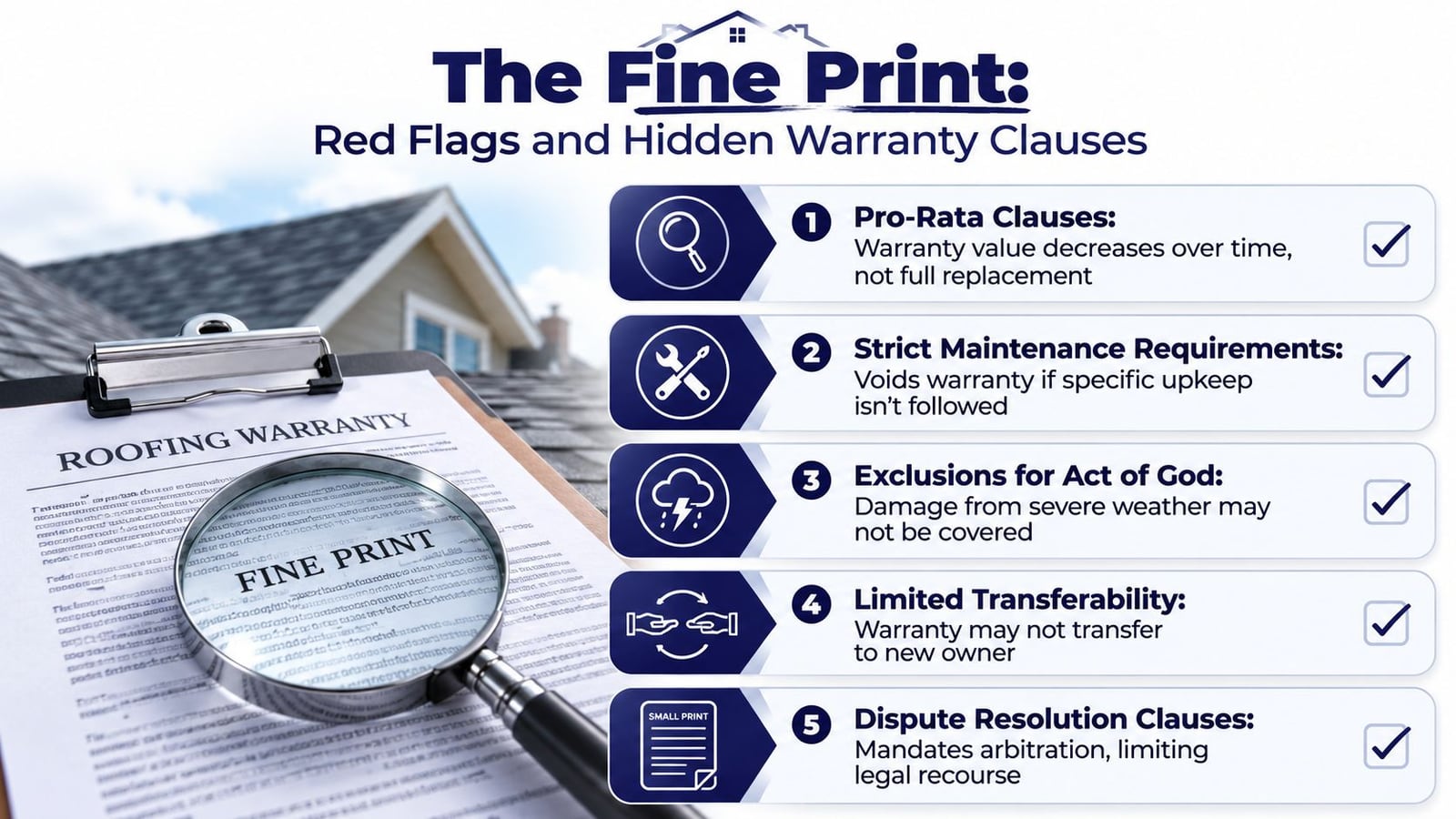 A magnifying glass examining a roofing warranty document alongside five red flag clauses to watch for.