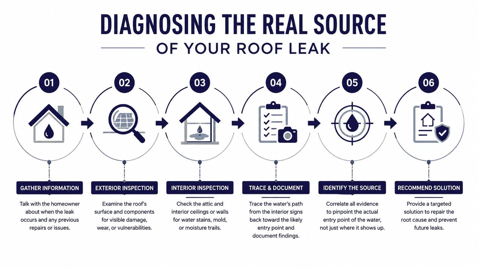 An infographic showing a six-step process for diagnosing and identifying the root cause of a roof leak.