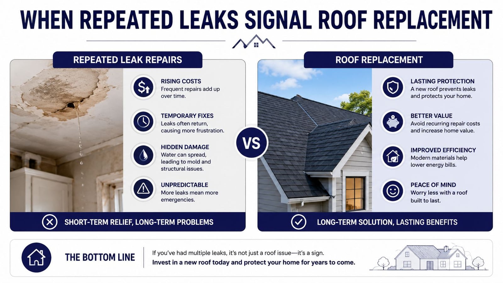 A comparative infographic showing the drawbacks of repeated roof repairs versus the benefits of full roof replacement.