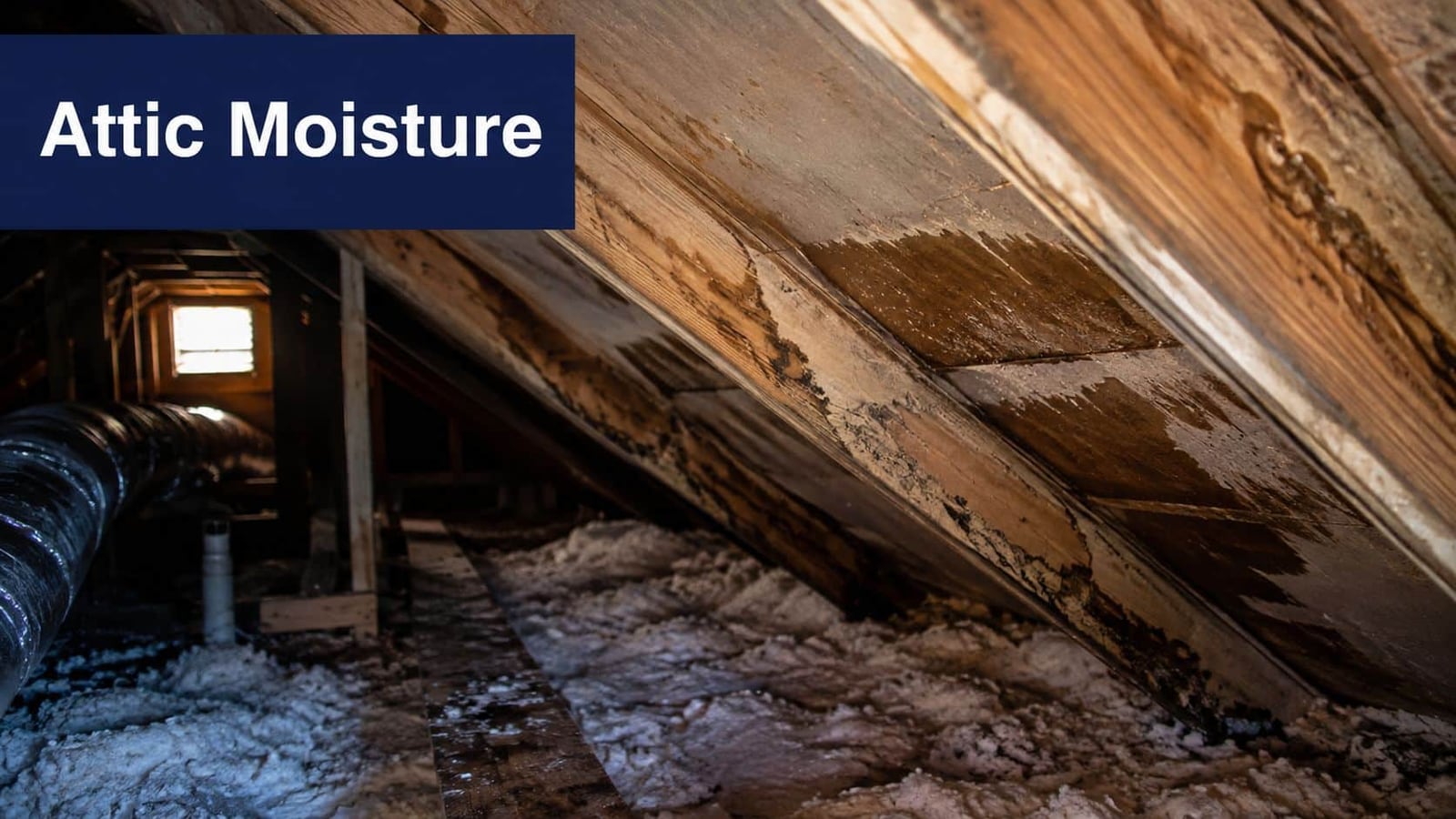 A close-up view inside a dark, poorly ventilated attic showing significant moisture and water damage on rafters.