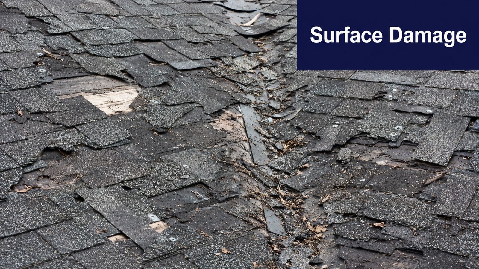 A severely damaged asphalt shingle roof with missing shingles and exposed wood decking after storm damage.