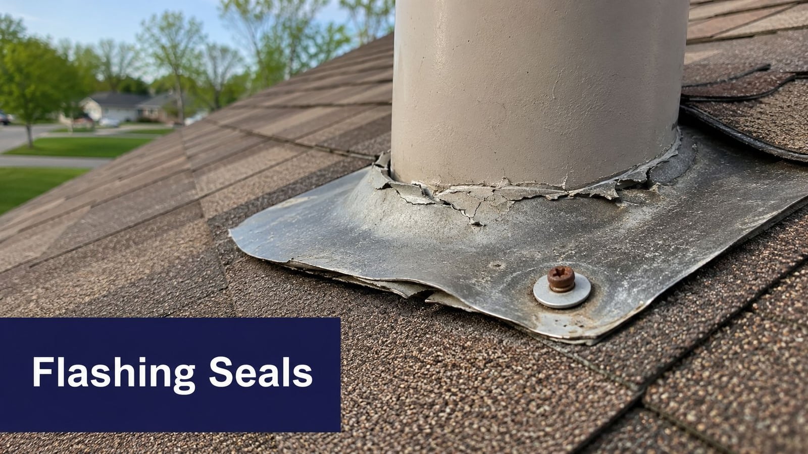 A close-up view of damaged metal roof flashing seals on a shingle roof requiring urgent maintenance repair.