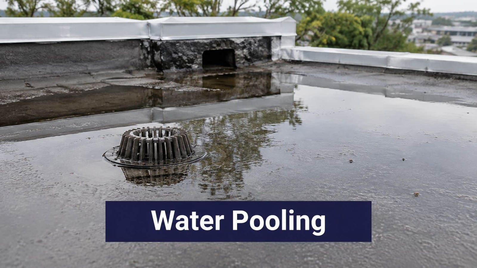 A flat roof with standing water pooling around a drain after a heavy rain shower.